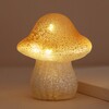 Medium Neutral Glass Mushroom Light Lit in Darkened Room