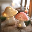 Small Pink Glass Mushroom Light with Medium Neutral Glass Mushroom Light in Lifestyle shot