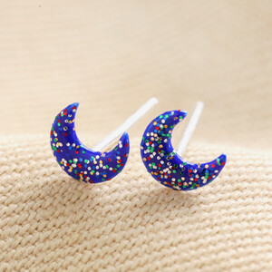 Sterling Silver Blue Glitter Moon Stud Earrings
