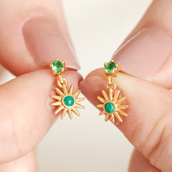 Gold Sterling Silver Green Crystal Sun Drop Earrings