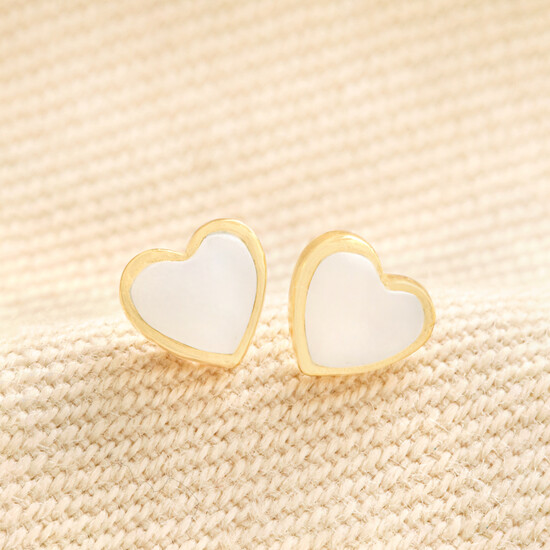 Gold Sterling Silver Mother of Pearl Heart Stud Earrings 