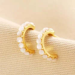 Gold Sterling Silver Mother of Pearl Huggie Hoop Earrings