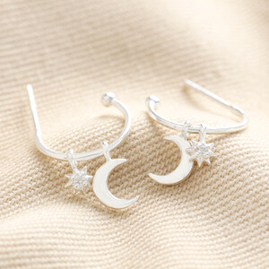 Sterling Silver Moon and Star Charm Hoops
