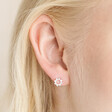 Close Up of Model Wearing Sterling Silver Crystal Sunbeam Stud Earrings