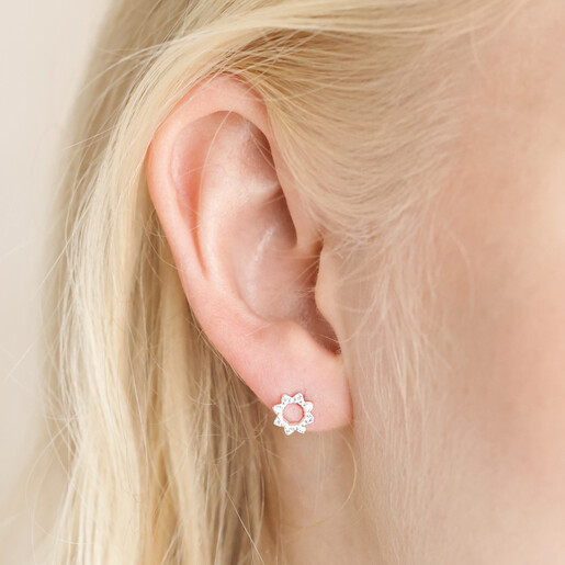 Earrings on Model Close Up of Model Wearing Sterling Silver Crystal Sunbeam Stud Earrings