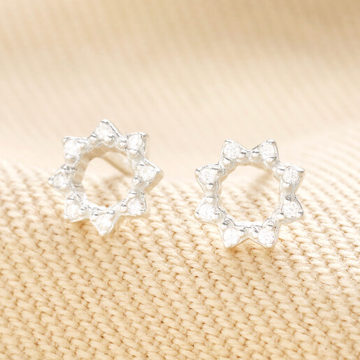 Sterling Silver Crystal Sunbeam Stud Earrings Sterling Silver Crystal Sunbeam Stud Earrings on Beige Fabric