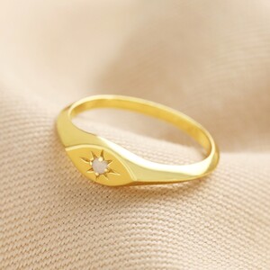 Gold Sterling Silver Crystal Star Signet Ring - L/XL
