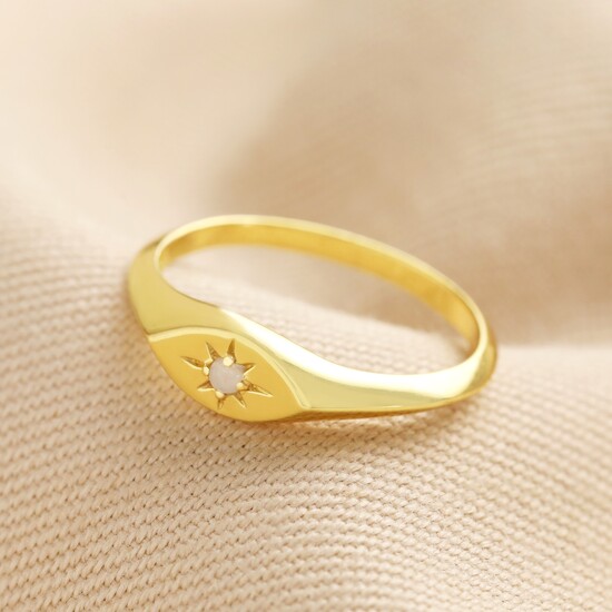 Gold Sterling Silver Crystal Star Signet Ring - S/M
