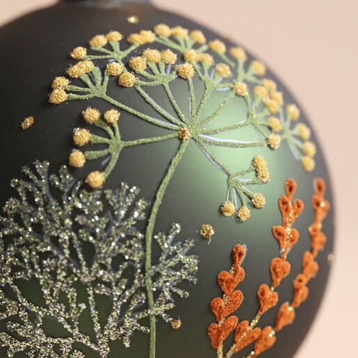 Close Up of Floral Details on Green Floral Bauble 