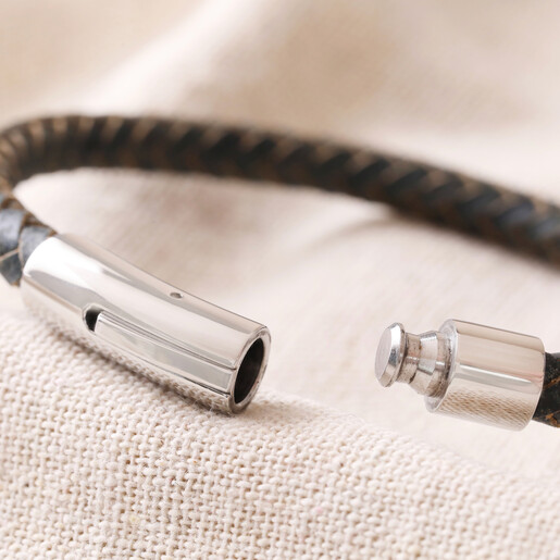 Close up of the open stainless steel clasp on the Men's Antiqued Leather Bracelet in Brown