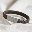 Men's Brown Antiqued Thick Woven Leather Bracelet on Neutral Fabric
