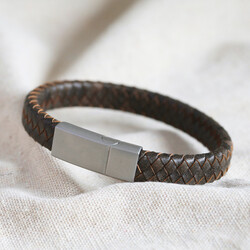 Men's Double Braided Leather Bracelet in Brown