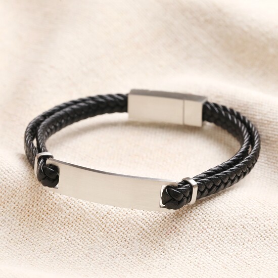 Men's Double Braided Leather Bracelet in Black - S/M