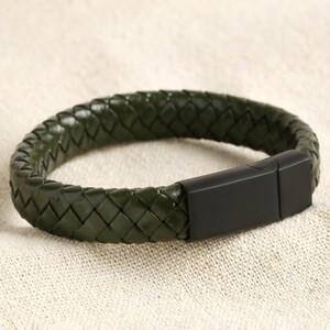 Men's Woven Khaki Leather Bracelet with Black Clasp - L