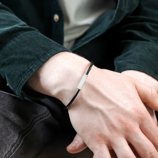 Mens black leather on sale and silver bracelets