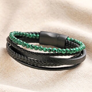 Men's Malachite Bead and Leather Layered Bracelet in Black