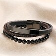 Men's Onyx Bead and Leather Triple Layered Bracelet on top of beige coloured fabric