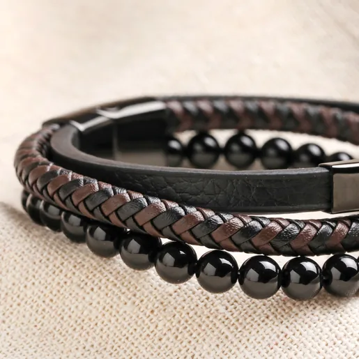 Close up of details on Men's Onyx Bead and Leather Triple Layered Bracelet 