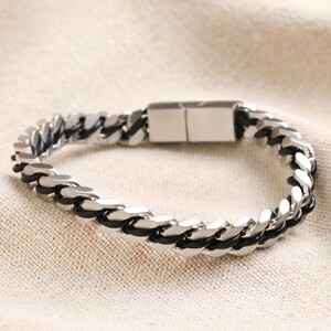 Men's Stainless Steel Black Cord Curb Chain Bracelet - S/M