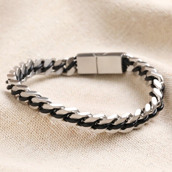 Men's Stainless Steel Black Cord Curb Chain Bracelet - L/XL