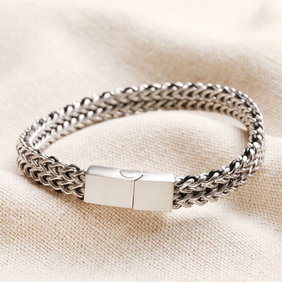 Men's Stainless Steel Black Cord Woven Chain Bracelet - L/XL