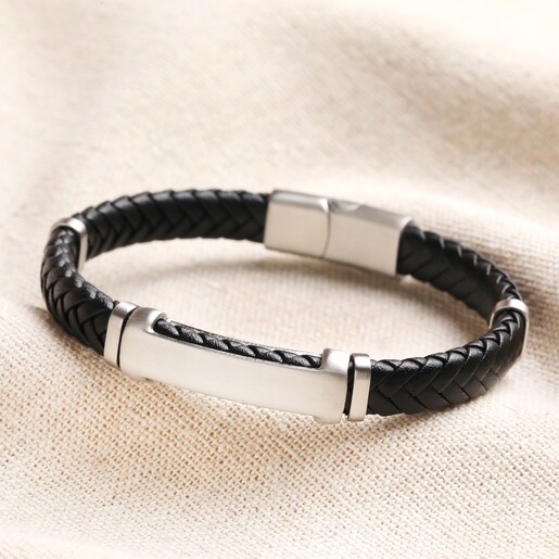 Men's Personalised Leather Cord and Bar Bracelet in Black