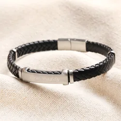 Personalised Men's Stainless Steel Feature Braided Leather Bracelet in Black