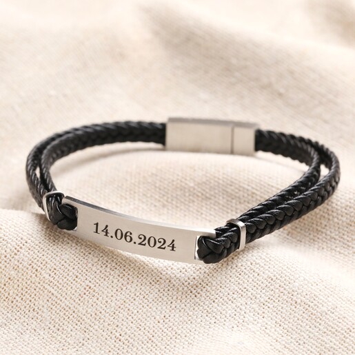 Men's Personalised Leather Cord and Bar Bracelet in Black