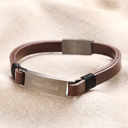 Personalised Men's Double Leather Bracelet in Brown Personalised Men's Double Leather Bracelet in brown on front of neutral coloured backdrop