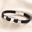Stainless Steel Hook Feature Braided Leather Bracelet in Black on top of neutral coloured fabric