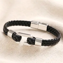 Men's Stainless Steel Hook Feature Leather Bracelet in Black