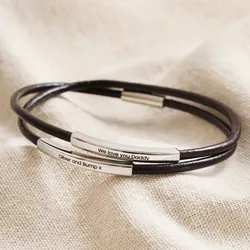 Men's Personalised Double Wrap Thin Leather Bracelet in Brown