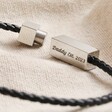 Open Clasp on Personalised Men's Thin Woven Leather Bracelet in Black on Beige Fabric
