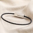 Personalised Men's Thin Woven Leather Bracelet in Black on Beige Fabric