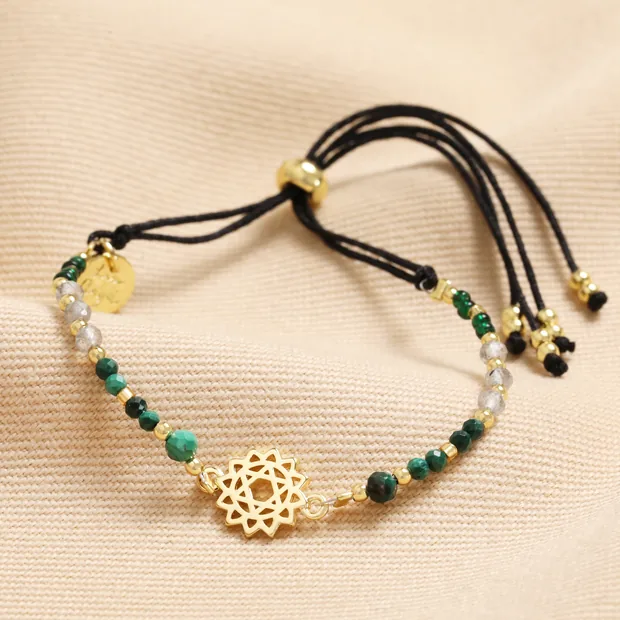 Heart Chakra Charm Bracelet in Gold on Beige Fabric