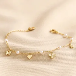 Bee, Pearl, Butterfly and Heart Charm Bracelet in Gold
