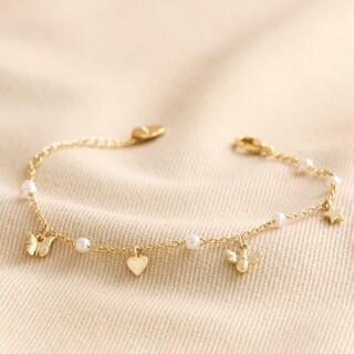 Bee, Pearl, Butterfly and Heart Charm Bracelet in Gold