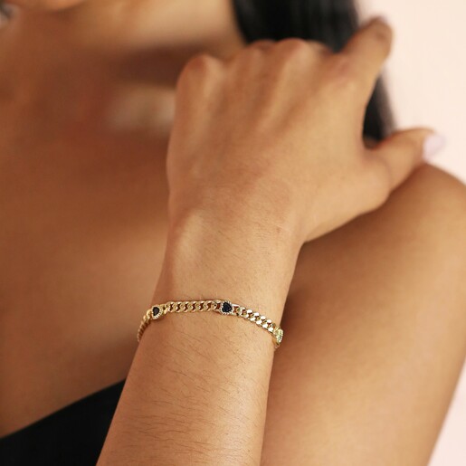 Model Wearing Blue Heart Crystal Chain Bracelet in Gold 