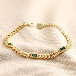 Green Baguette Crystal Chain Bracelet in Gold