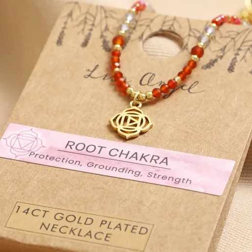 Root Chakra Beaded Necklace in Gold in packaging