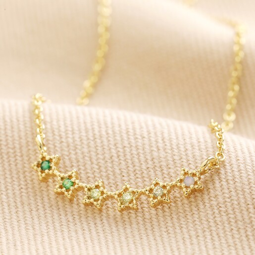 Ombre Crystal Star Bar Necklace in Green on Beige Fabric