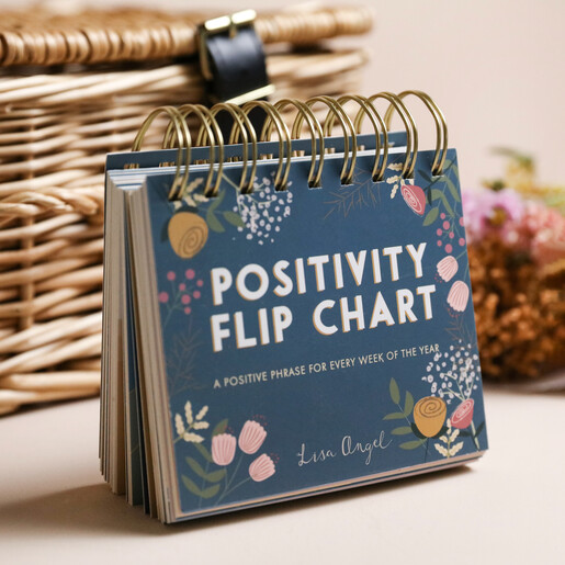 Positivity Flip Chart in Happy Birthday Floral Wicker Gift Hamper In Front of Wicker Basket 