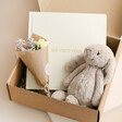 New Baby Gift Hamper inside box on cream surface