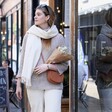 Model walking down the street wearing the Cream Cashmere Blend Scarf