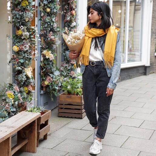 Mustard Winter Scarf on Model Walking Down Street