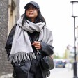 Model wearing the grey Personalised Embroidered Initials Cashmere Blend Scarf