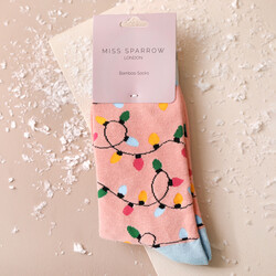 Miss Sparrow Bamboo Pink Christmas Lights Socks