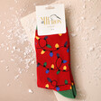 Mr Heron Men's Bamboo Red Christmas Lights Socks on Beige Surface with Snow
