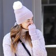 Lilac Hand Warmers on Model with Matching Hat in Street