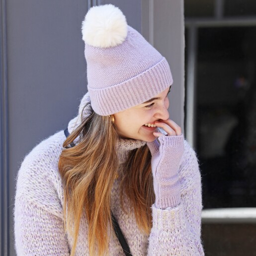 Lilac Hand Warmers And Matching Hat on Model